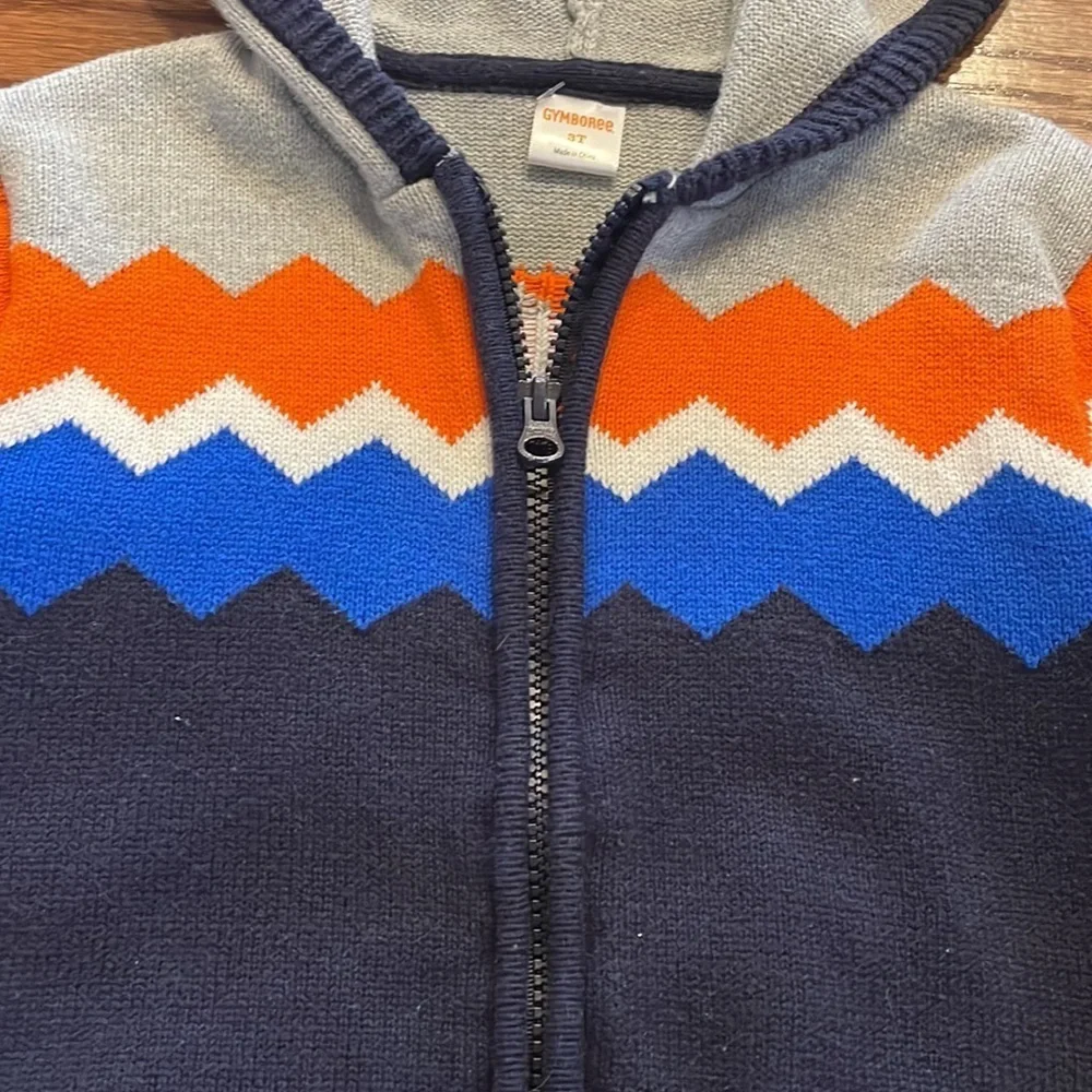 Gymboree toddler boys Chevron zip cardigan sweater hooded grey/blue/orange 3T